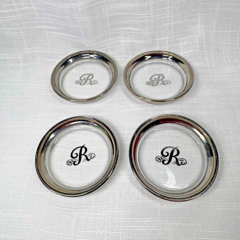Four (4)Dorothy Thorpe Coasters MCM Glass Silver Rim Monogrammed Initial "R" Bar